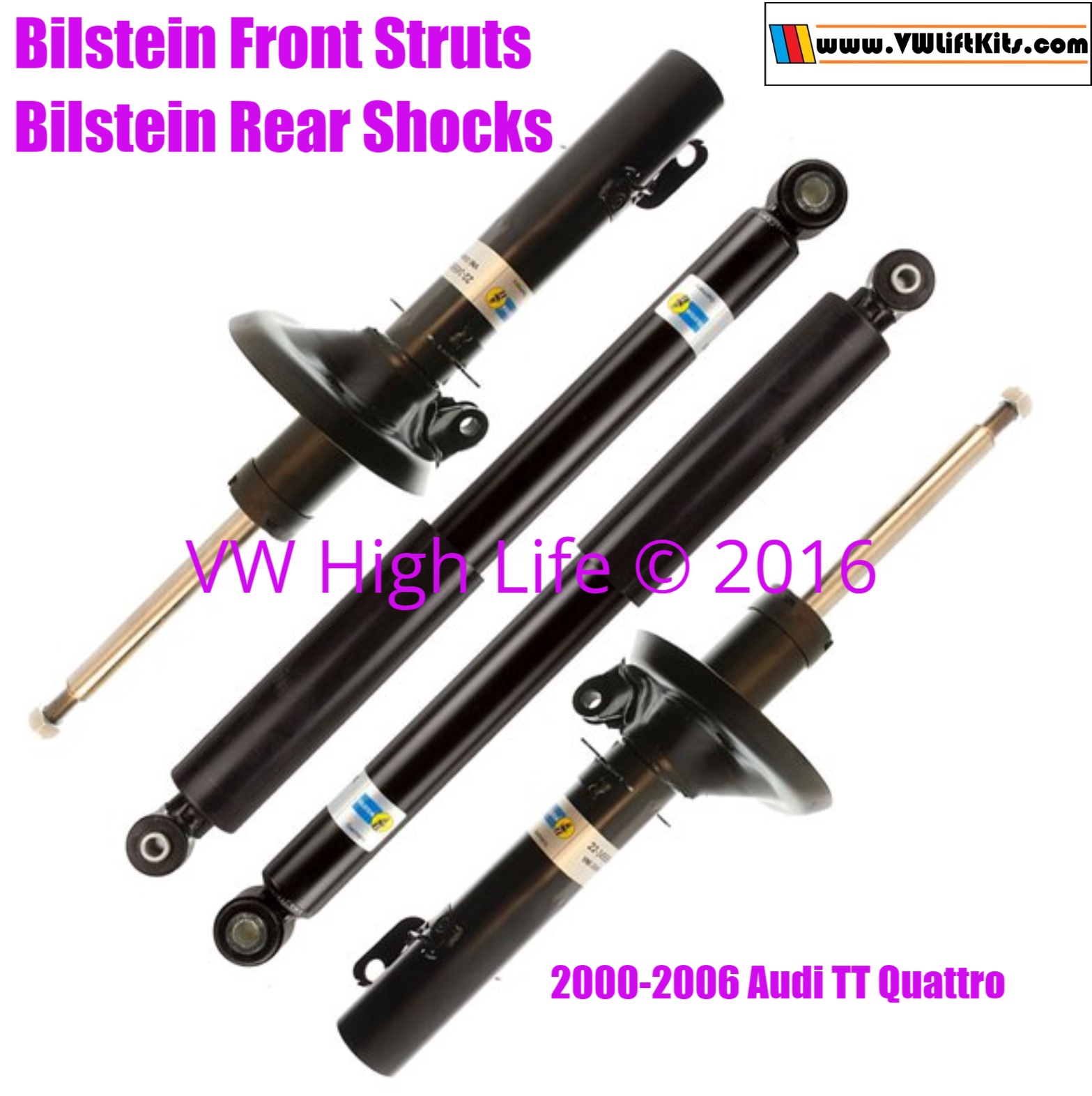 Bilstein Front Struts and Rear Shocks for MK1 2000-2006 Audi TT Quattro. Used in the Stage 1 & 2 Kits.